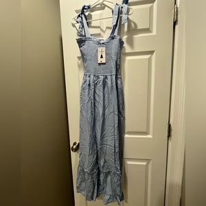 Blue Dress with Ruching and Shoulder Ties - Size Medium